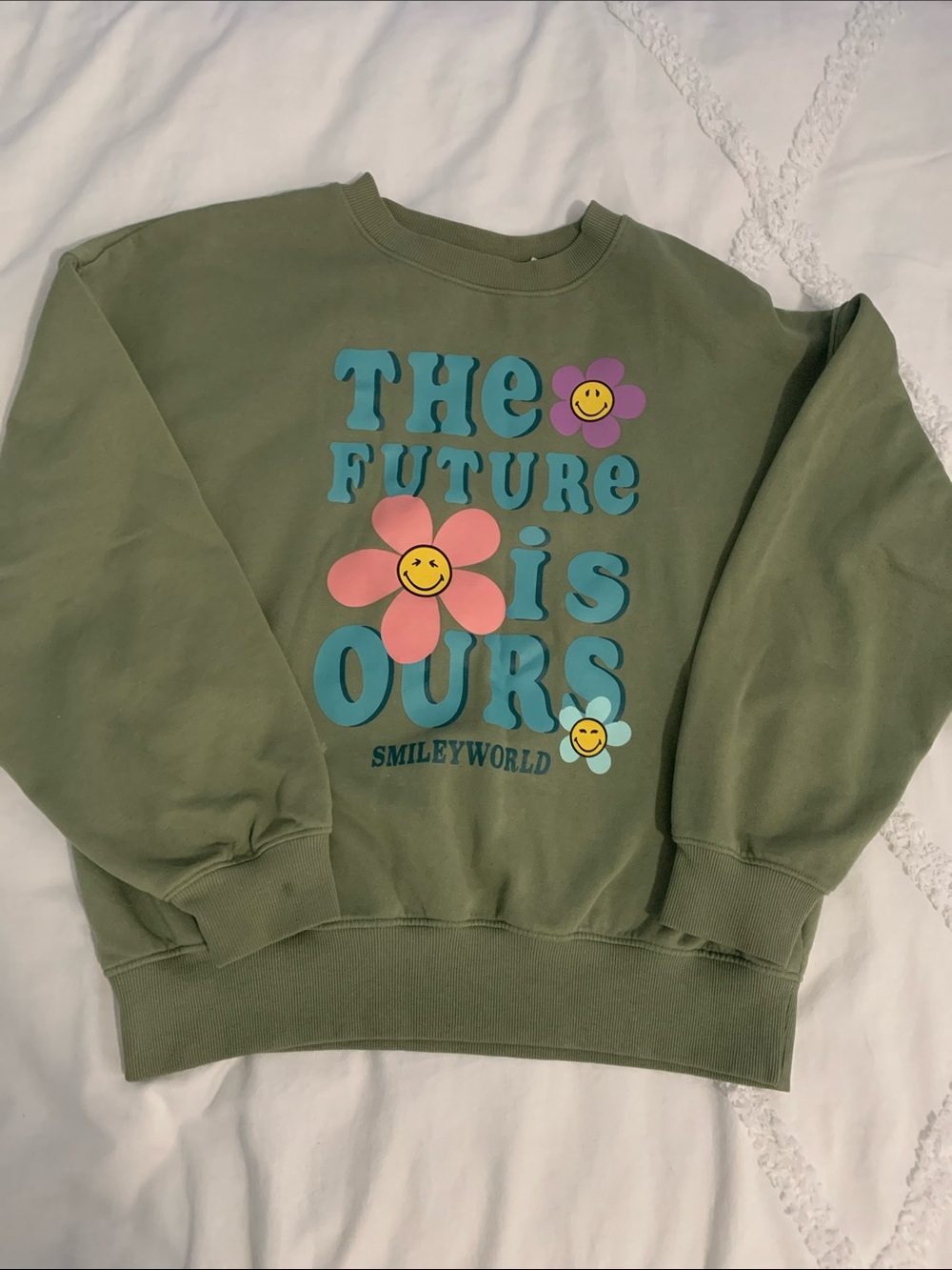 H&M Olive Green Graphic Crewneck Sweater with Multicolor Floral Design